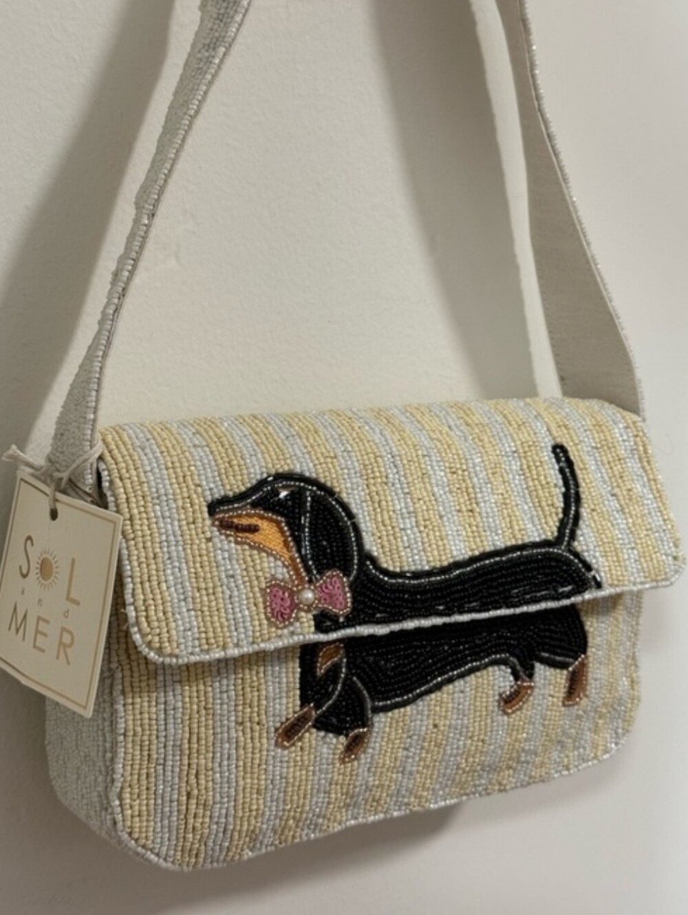 Beaded Dachshund Shoulder Bag in Ivory and Butter Yellow